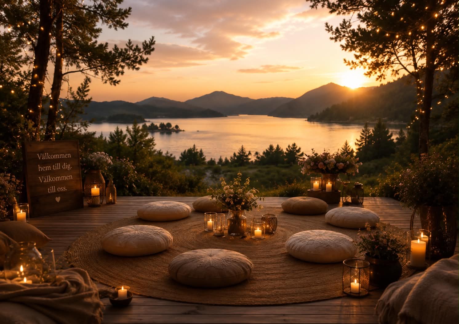 En stilla retreatplats vid berg och sjö i solnedgång